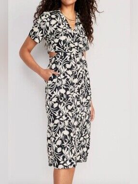 NWT OLD NAVY Cutout Midi Shirt Dress Navy with White Floral Print Size XL